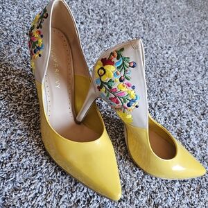 Yellow Floral Embroidered Heels